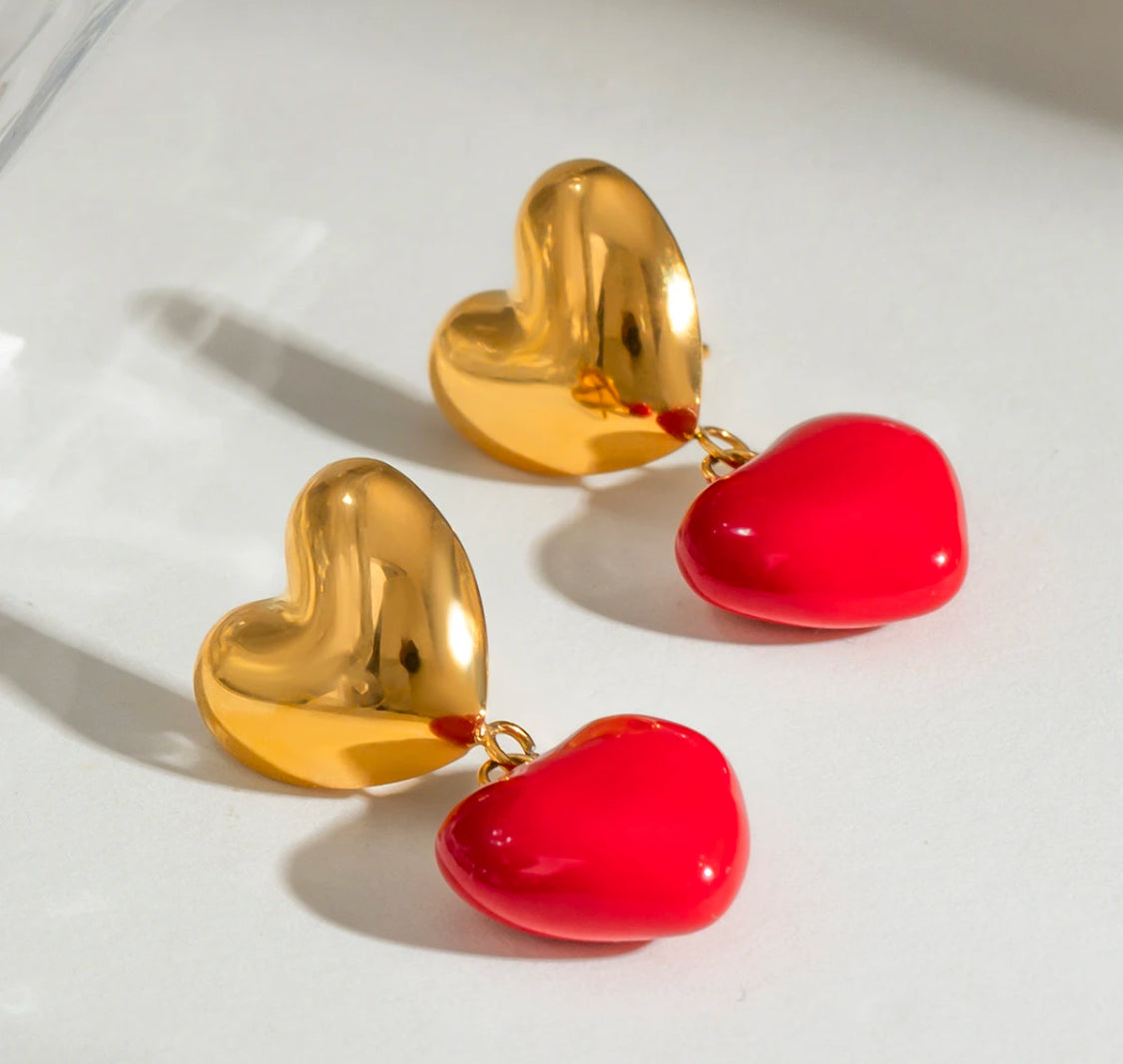 Gold & Red Heart Studs
