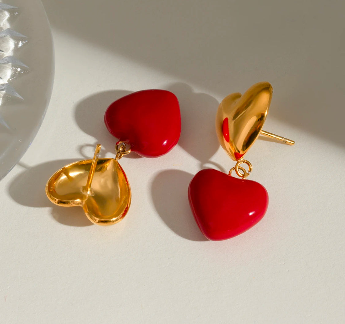 Gold & Red Heart Studs