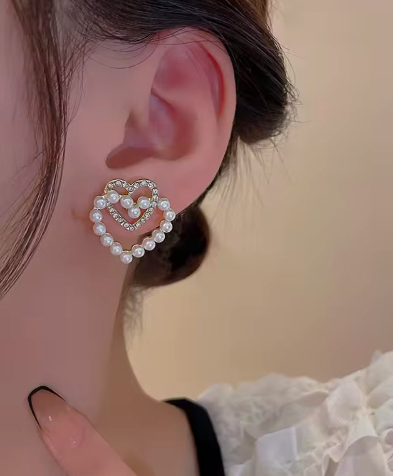 Silver & Pearl Heart Studs