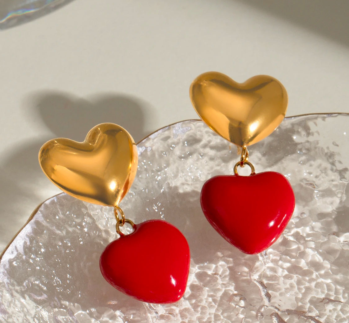 Gold & Red Heart Studs