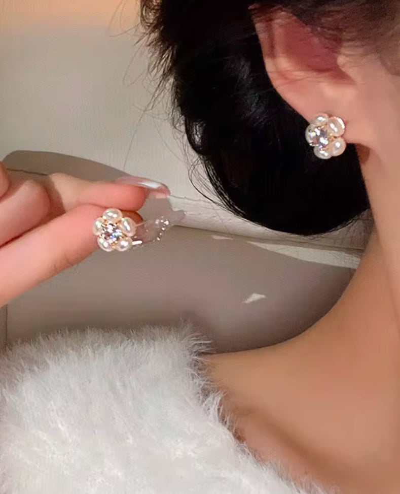 White Flower Pearl Studs