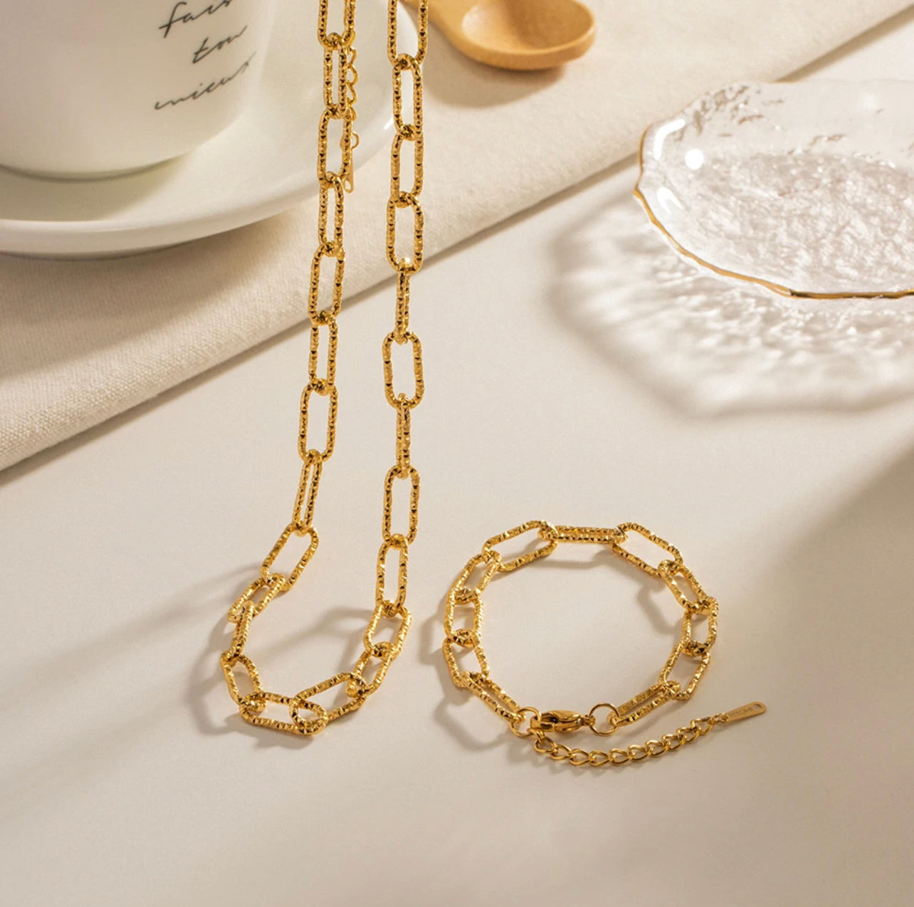 Texture Paperclip Chain Necklace & Bracelet