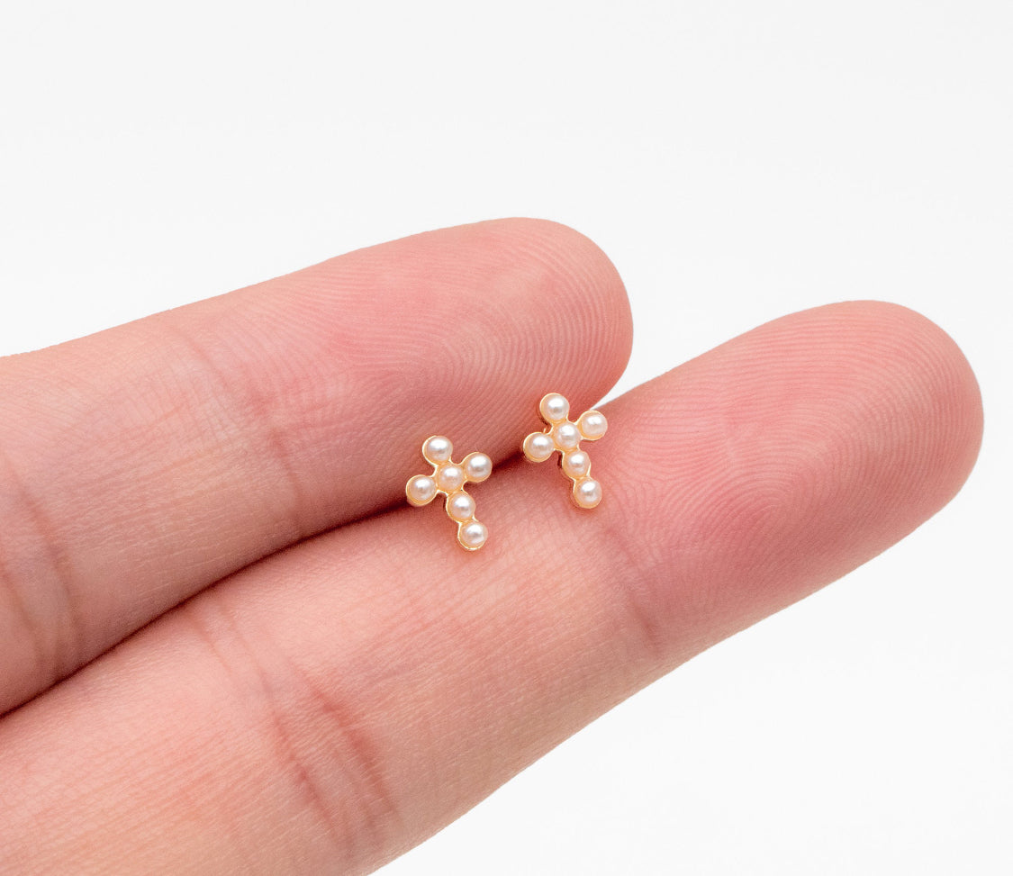 Dainty Pearl Cross Studs