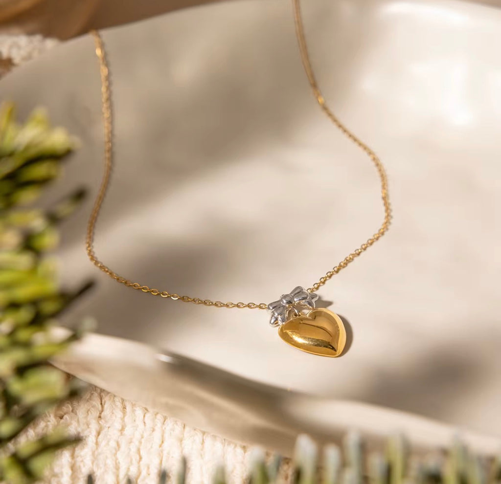 Two Toned Bow Heart Pendant