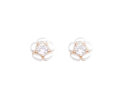 White Flower Pearl Studs