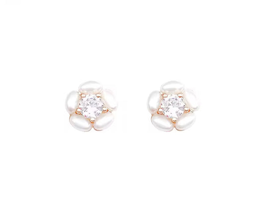 White Flower Pearl Studs