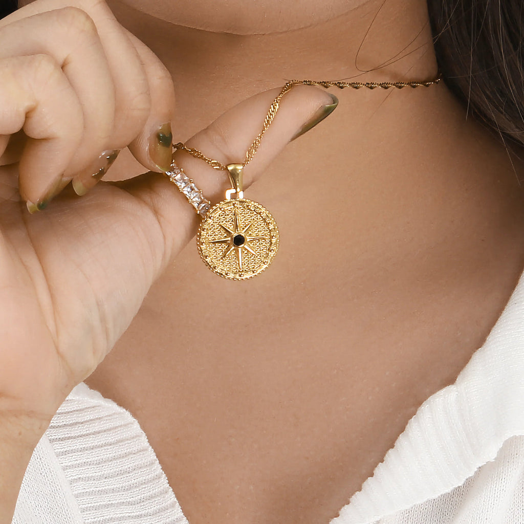 Noir Compass Pendant Gold Chain